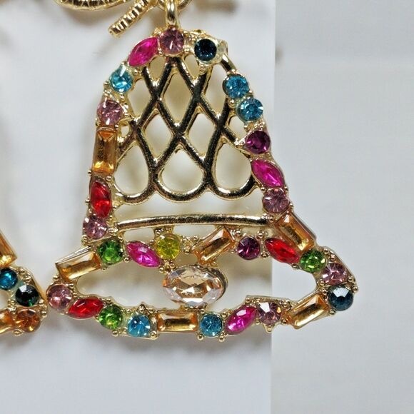 Isles & Stars Christmas Bell Drop Earrings Gold Tone Metal Plastic Rhinestones - Picture 8 of 16